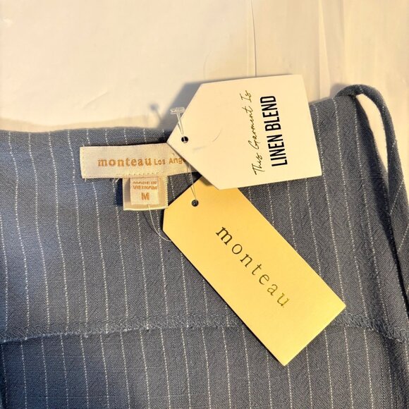 Monteau Blue Pinstripe Button-Down Linen Blend Dress Spaghetti Straps Medium - Picture 5 of 9